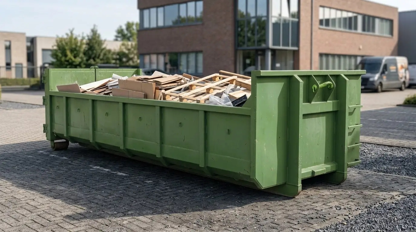 Benne à déchets verte remplie de cartons et de palettes, déposée dans la cour d'un bâtiment d'entreprise
