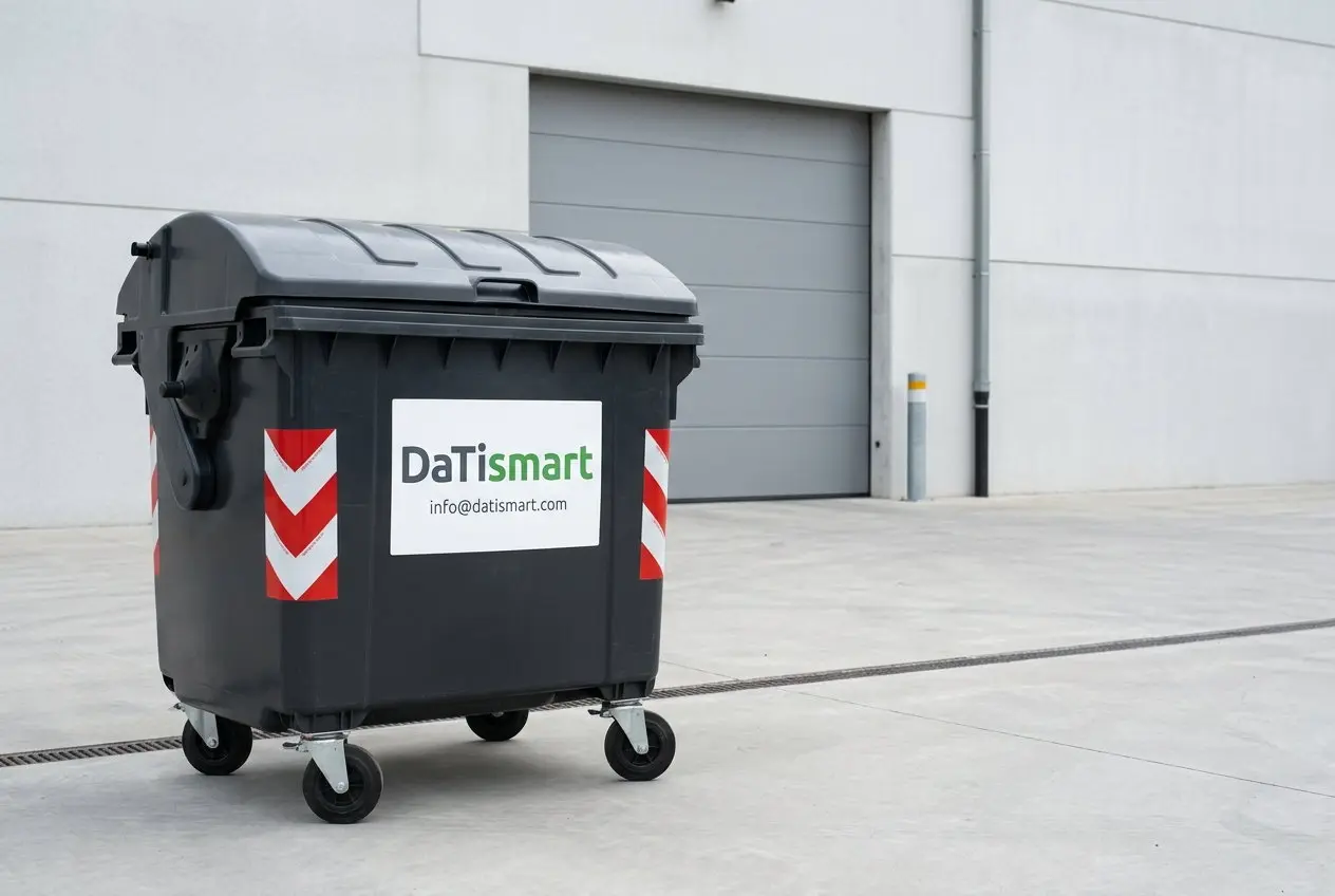 Conteneur poubelle à roulettes de 1100 litres Datismart dans la cour d'une entreprise