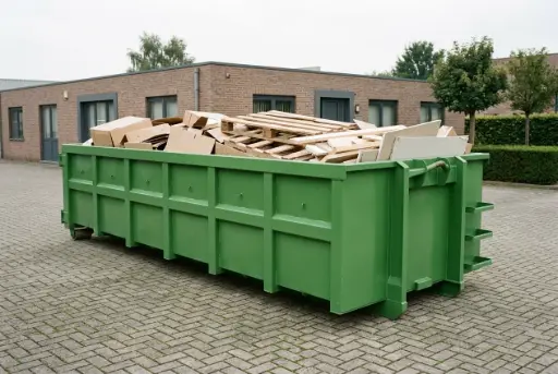 Benne à déchets de 30 m³ en location, chargée de cartons et de palettes, dans la cour d'une entreprise