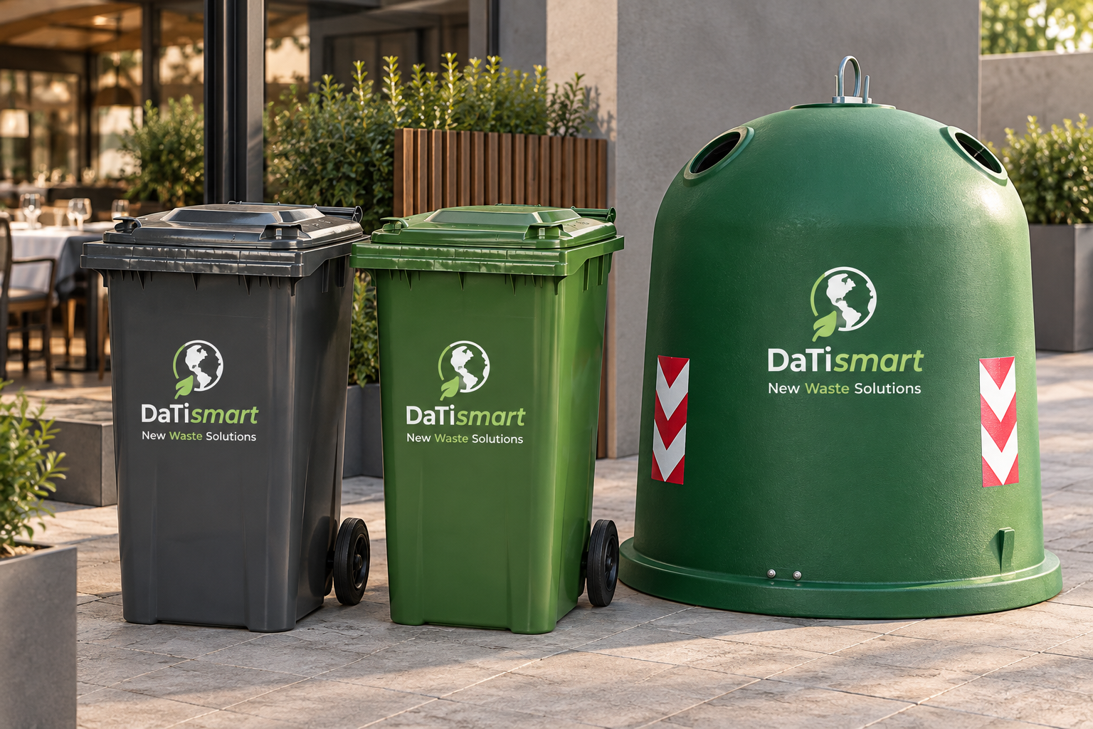 poubelles et bulle à verre à l'entrée du restautant