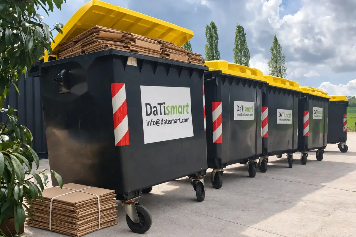 Conteneurs à roulettes de 1100 litres à couvercle jaune pour la collecte du papier et du carton, remplis de cartons pliés