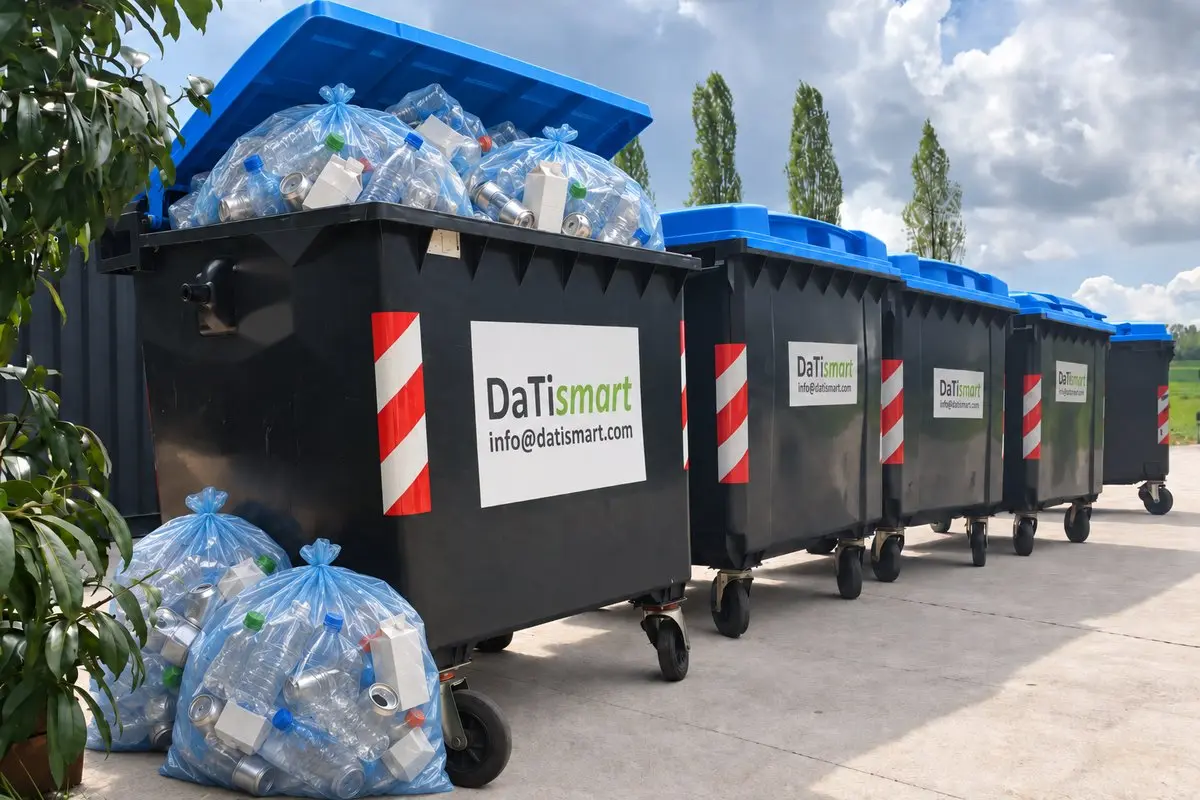 Conteneurs à roulettes de 1100 litres à couvercle bleu pour la collecte des PMC, remplis de sacs de bouteilles, canettes et cartons à boissons