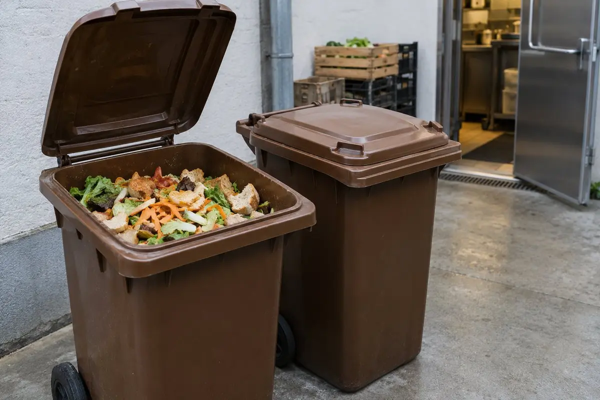 Bacs à roulettes de 140 litres bruns pour la collecte des biodéchets, remplis de restes alimentaires, devant la cuisine d'un restaurant